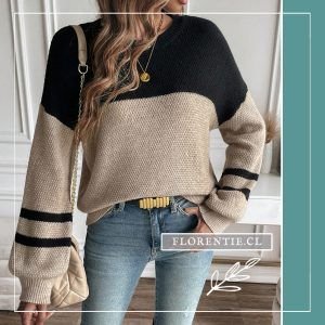 Sweater mujer beige con negro cuello redondo