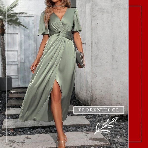 Vestido fiesta elegante envolvente verde salvia