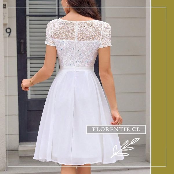 Espalda vestido novia civil encaje con lentejuelas falda gasa blanco