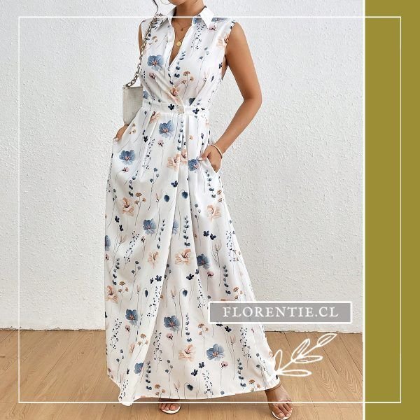 Vestido blanco maxi estampado cuello camisero