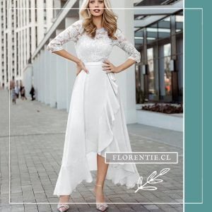 Vestido blanco para novia civil falda asimétrica manga encaje