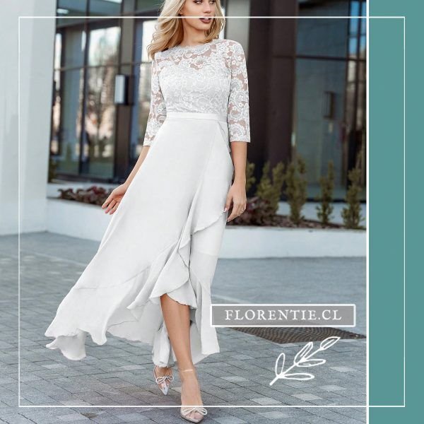 Vestido de novia civil blanco falda asimétrica manga encaje