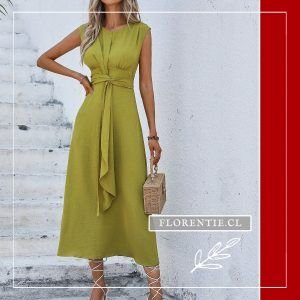 Vestido gala elegante verde cata con lazo