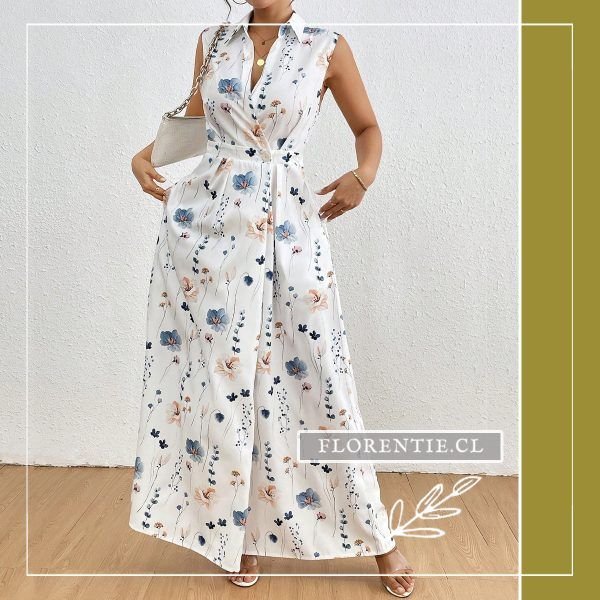 Vestido maxi blanco cuello camisero estampado