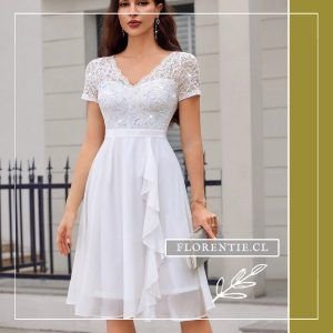 Vestido novia civil encaje con lentejuelas falda gasa blanco