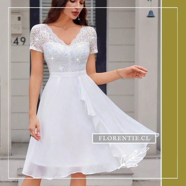 Vestido novia civil encaje con lentejuelas falda gasa color blanco