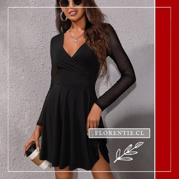 Vestido negro manga larga transparente