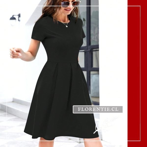 Vestido negro midi corte A cuello redondo