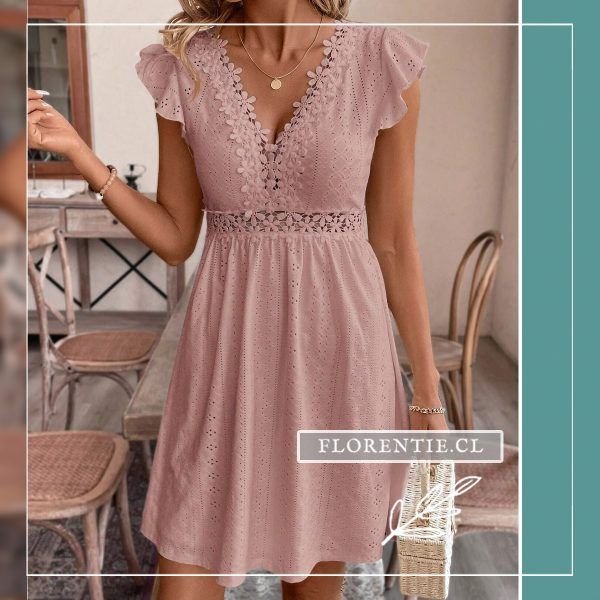 Vestido bordado inglés mujer rosa palo