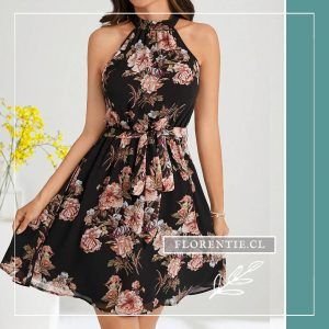 Vestido corto negro flores rosadas