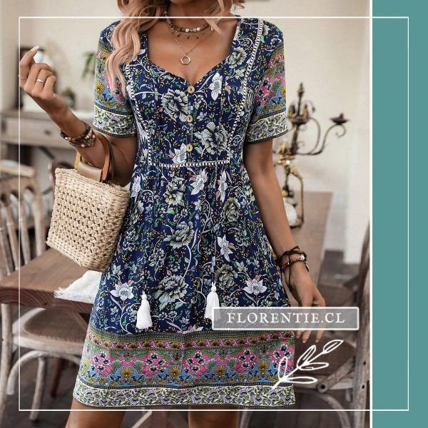 Vestido floral folk azul