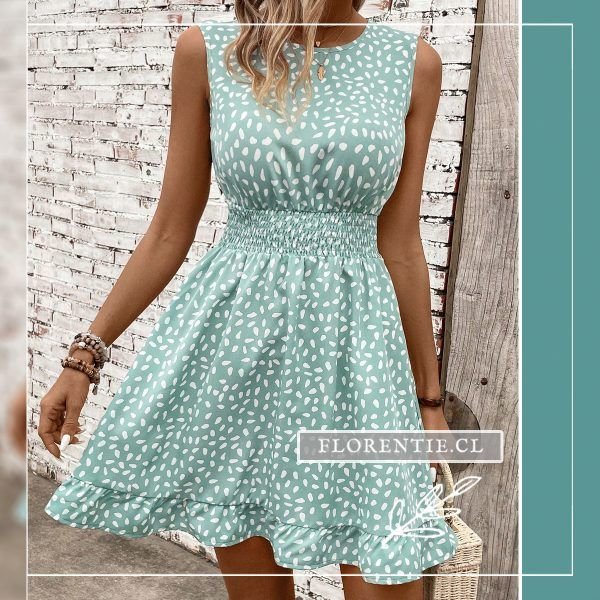 Vestido verde agua casual con lunares blancos