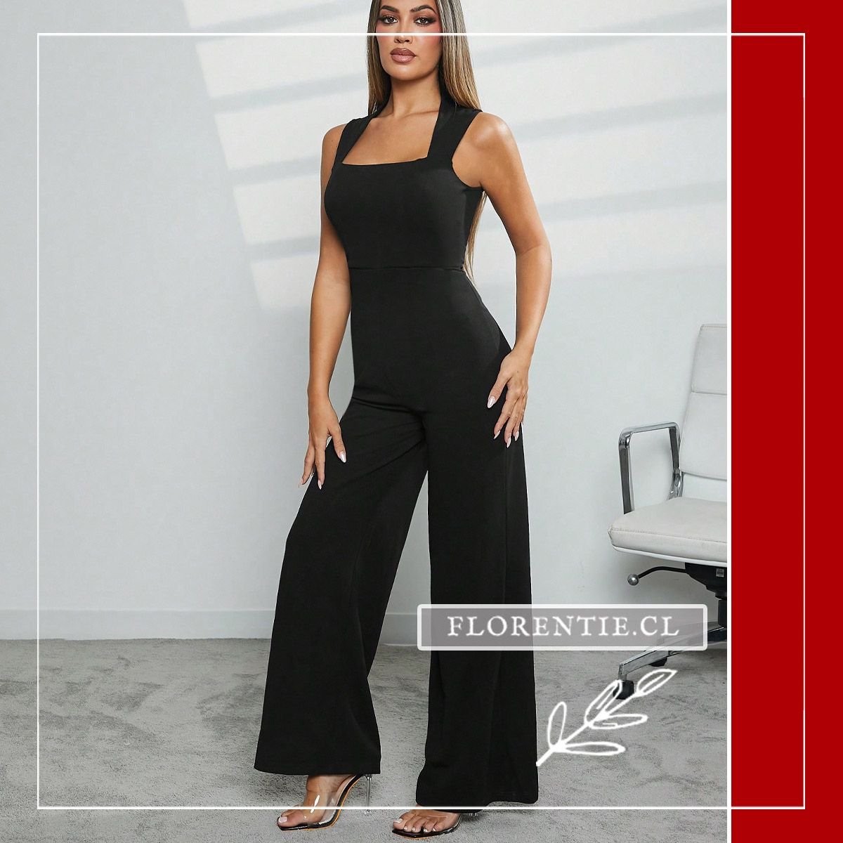 Vista de perfil mostrando el corte de cintura alta y ajuste silueta del enterito negro