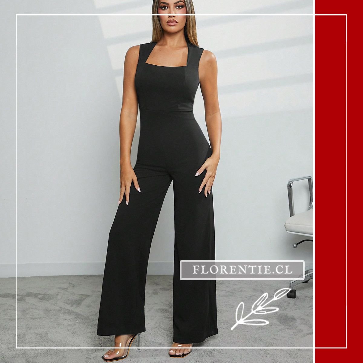 Detalle del escote cuadrado y tirantes anchos del enterito negro modelo Jael