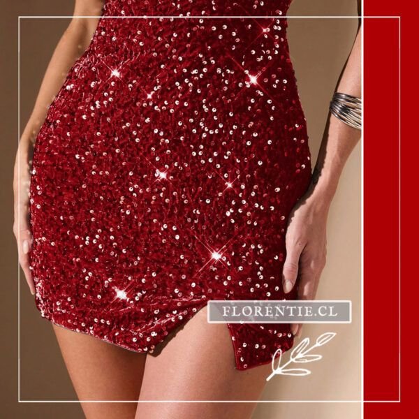 Detalle falda vestido rojo lentejuelas corto