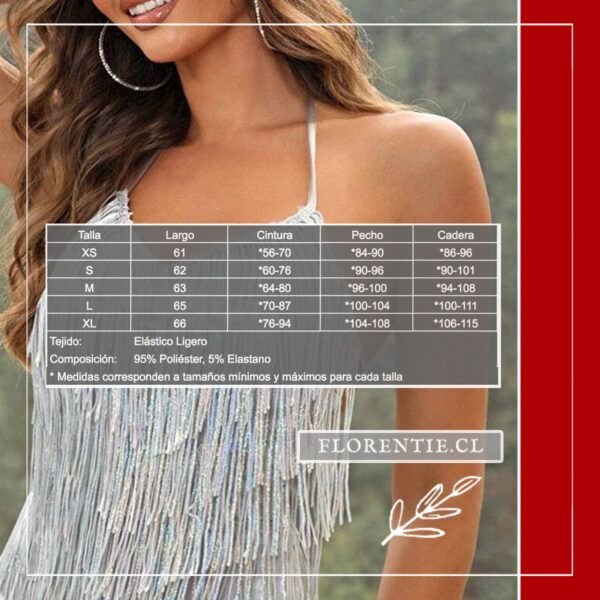 Medidas vestido plateado flecos