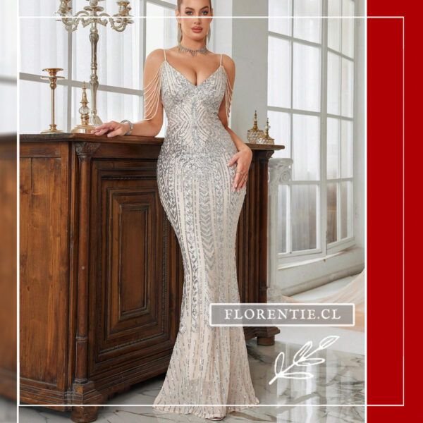Vestido lentejuelas plata largo mujer