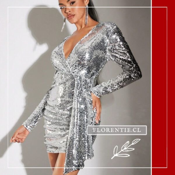 Vestido plata corto manga larga mujer