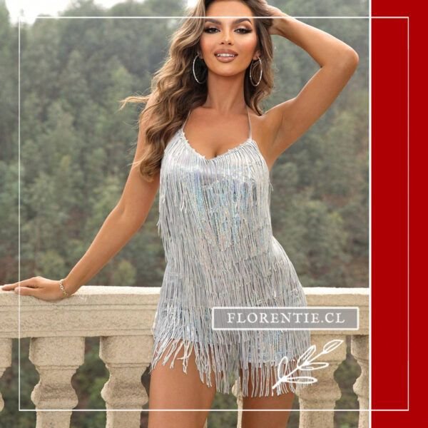 Vestido plateado corto con flecos