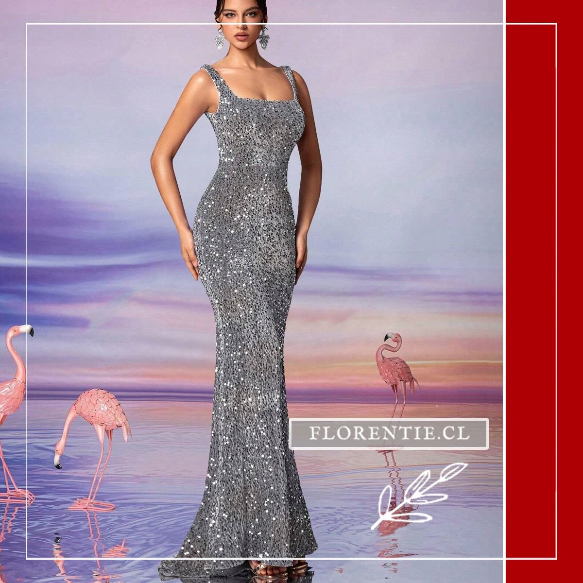 Vestido graduacion escote cuadrado gris brillante