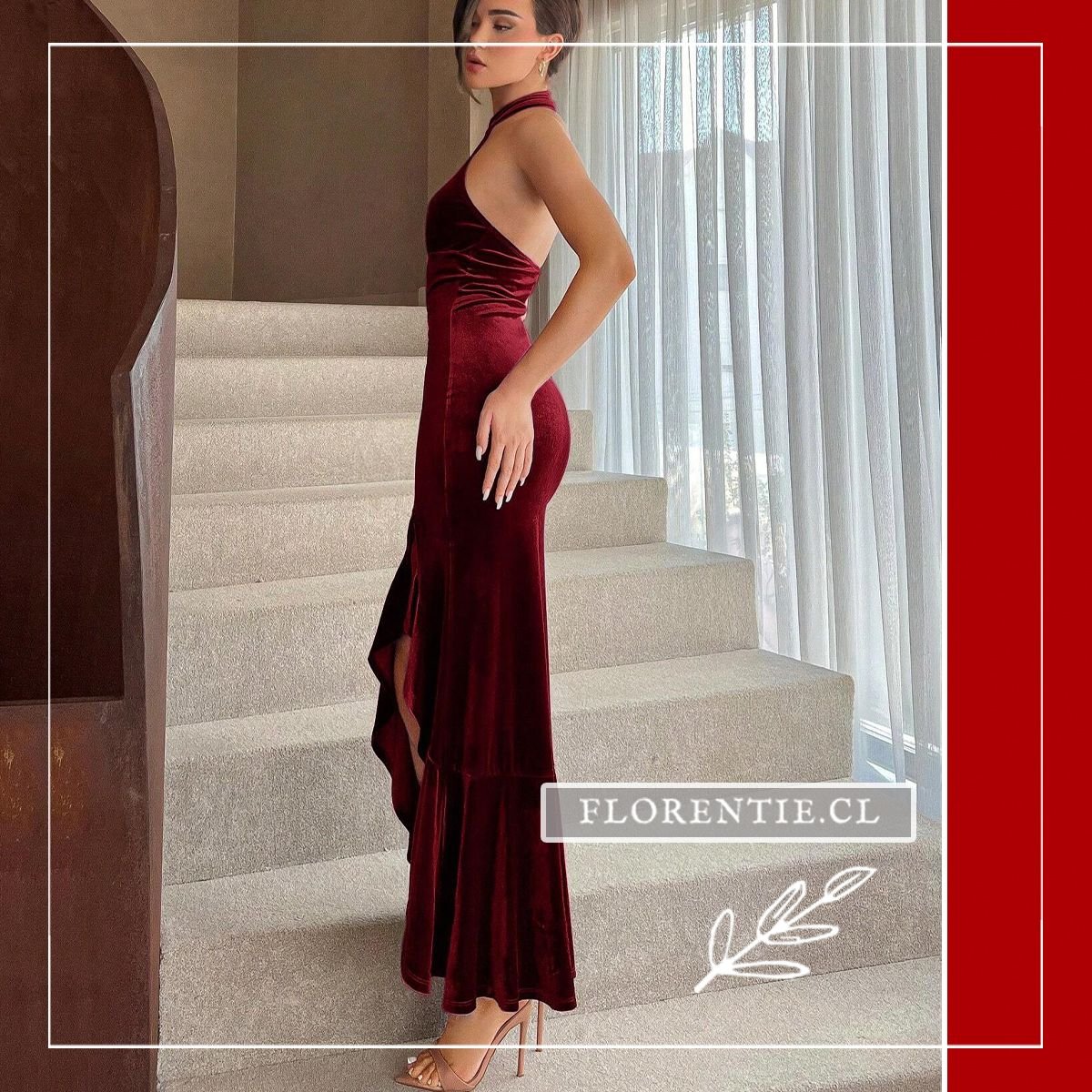 Vista perfil vestido graduación cuello halter