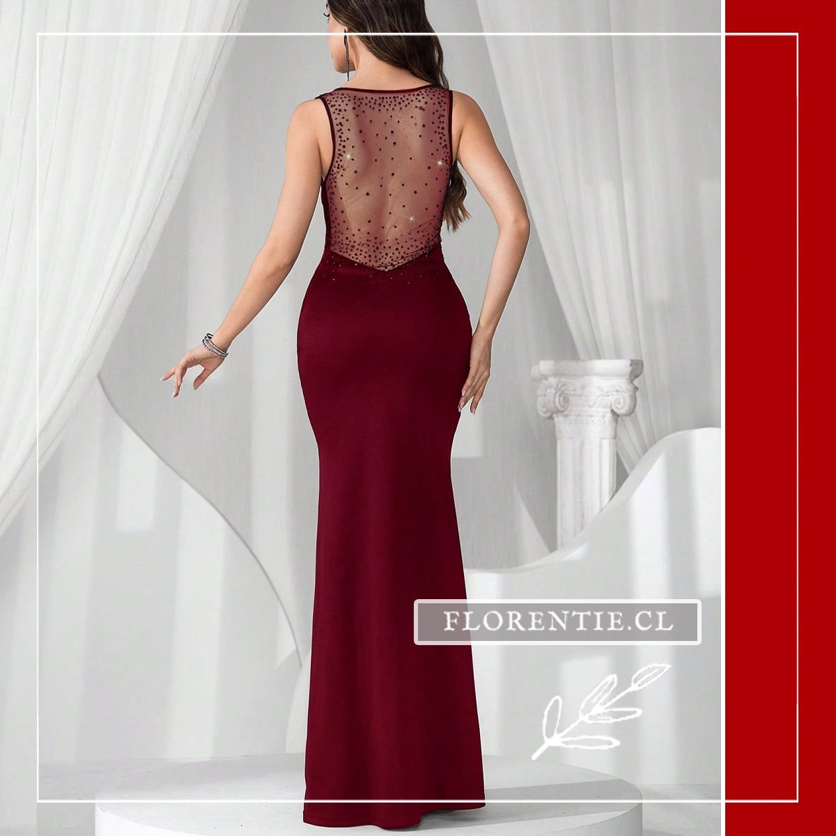 Vista posterior vestido graduación color vino