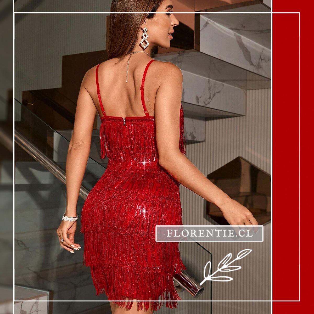 Espalda vestido corto flecos rojo