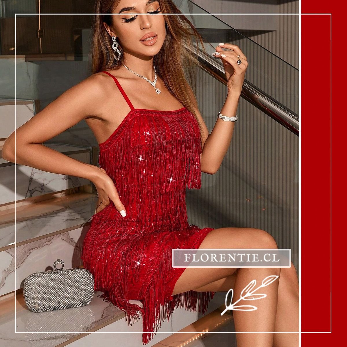 Vestido corto color rojo con flecos