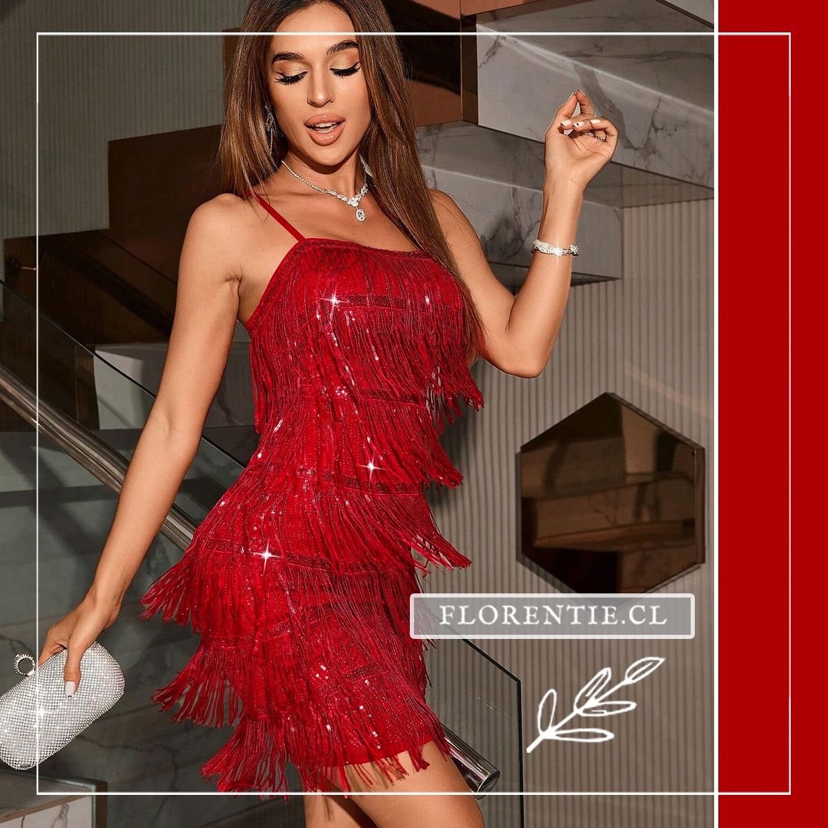 Vestido corto flecos rojo