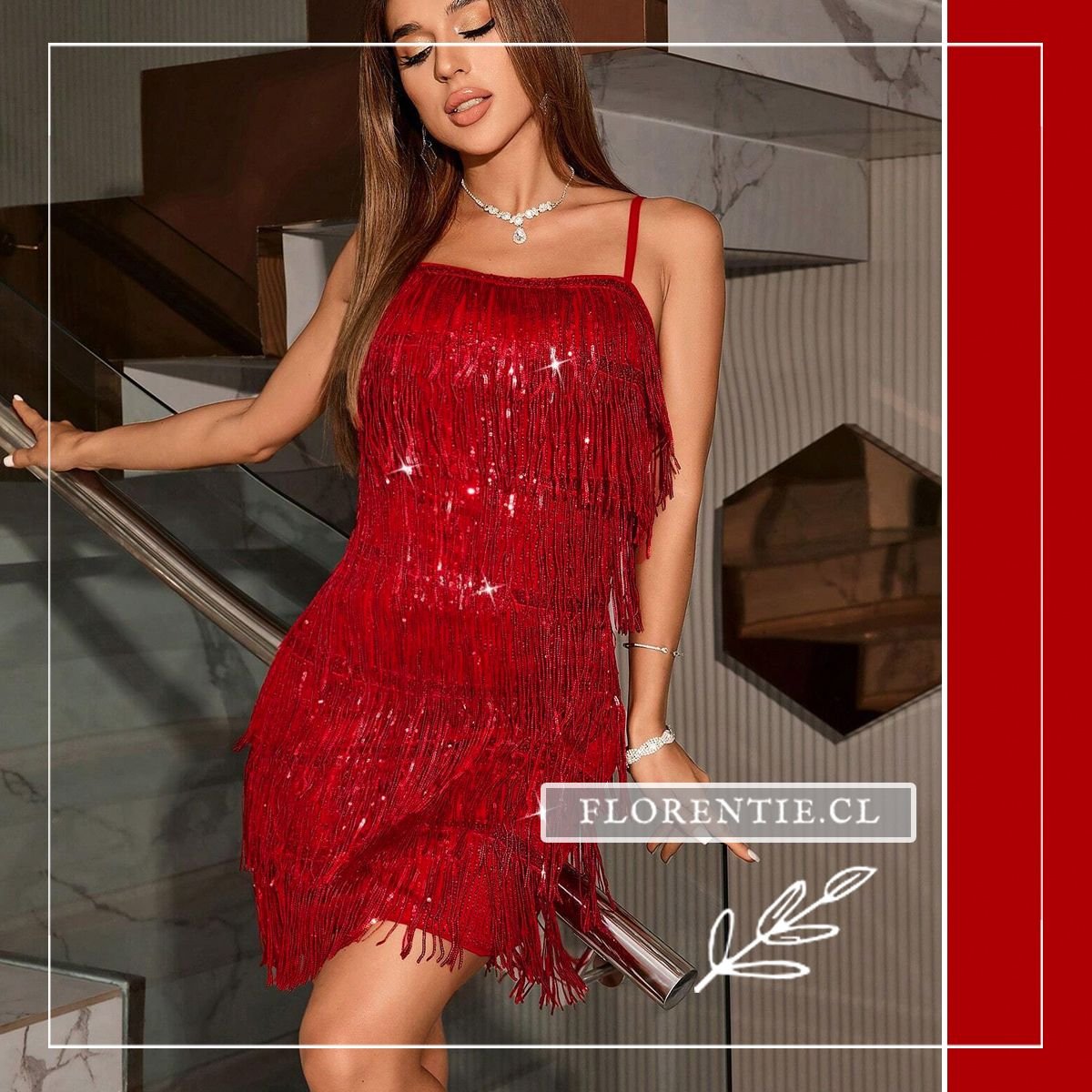 Vestido corto rojo con flecos