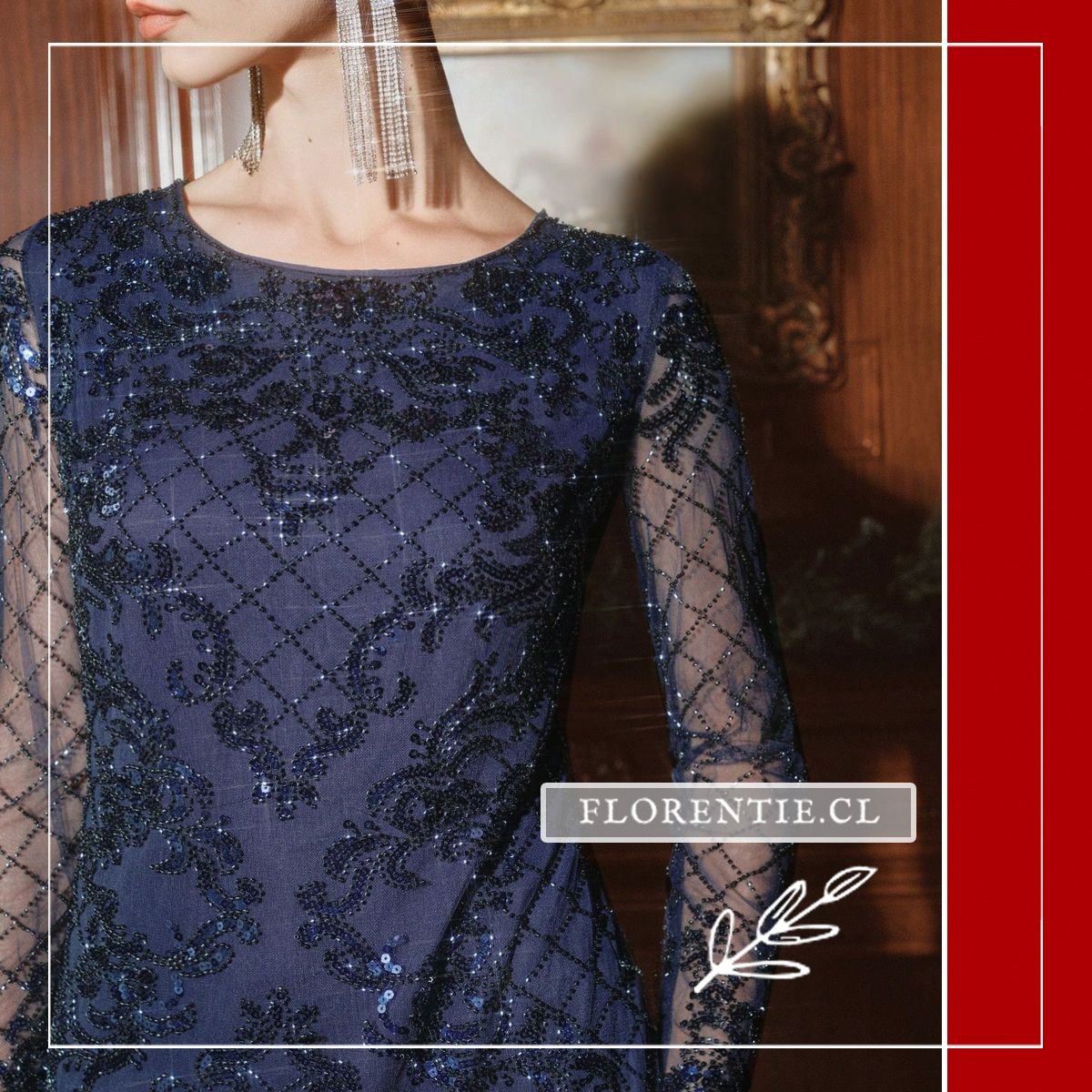 Close-up del cuerpo del vestido mostrando el elaborado bordado de lentejuelas y pedrería en patrón geométrico azul medianoche y las mangas largas de malla translúcida con rombos de abalorios.