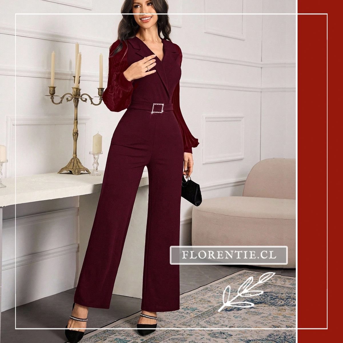 Vista frontal completa del mono enterito burdeo modelo Kate con escote blazer cruzado, mangas plisadas largas y hebilla joya de cristales