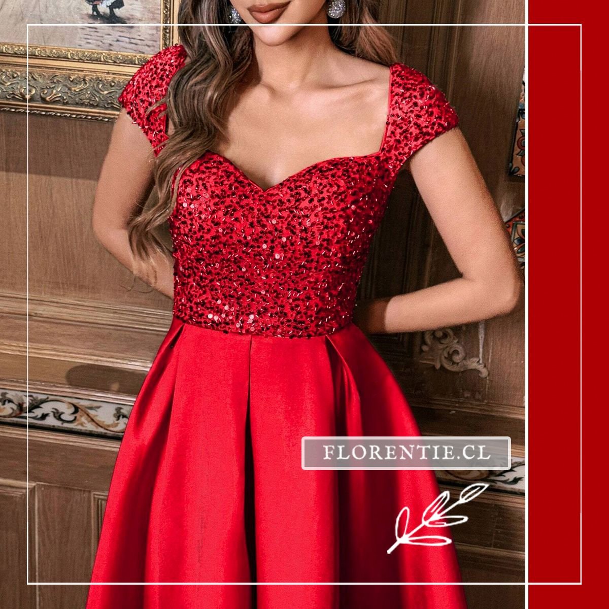Detalle cintura vestido fiesta lentejuelas rojo