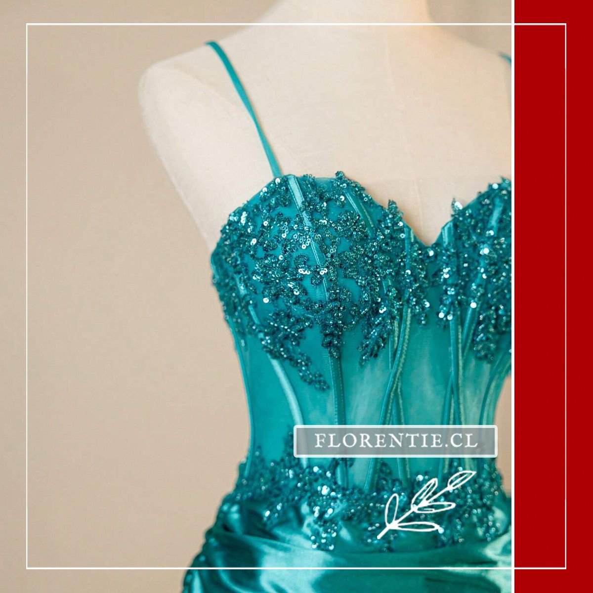 Detalle escote vestido fiesta turquesa