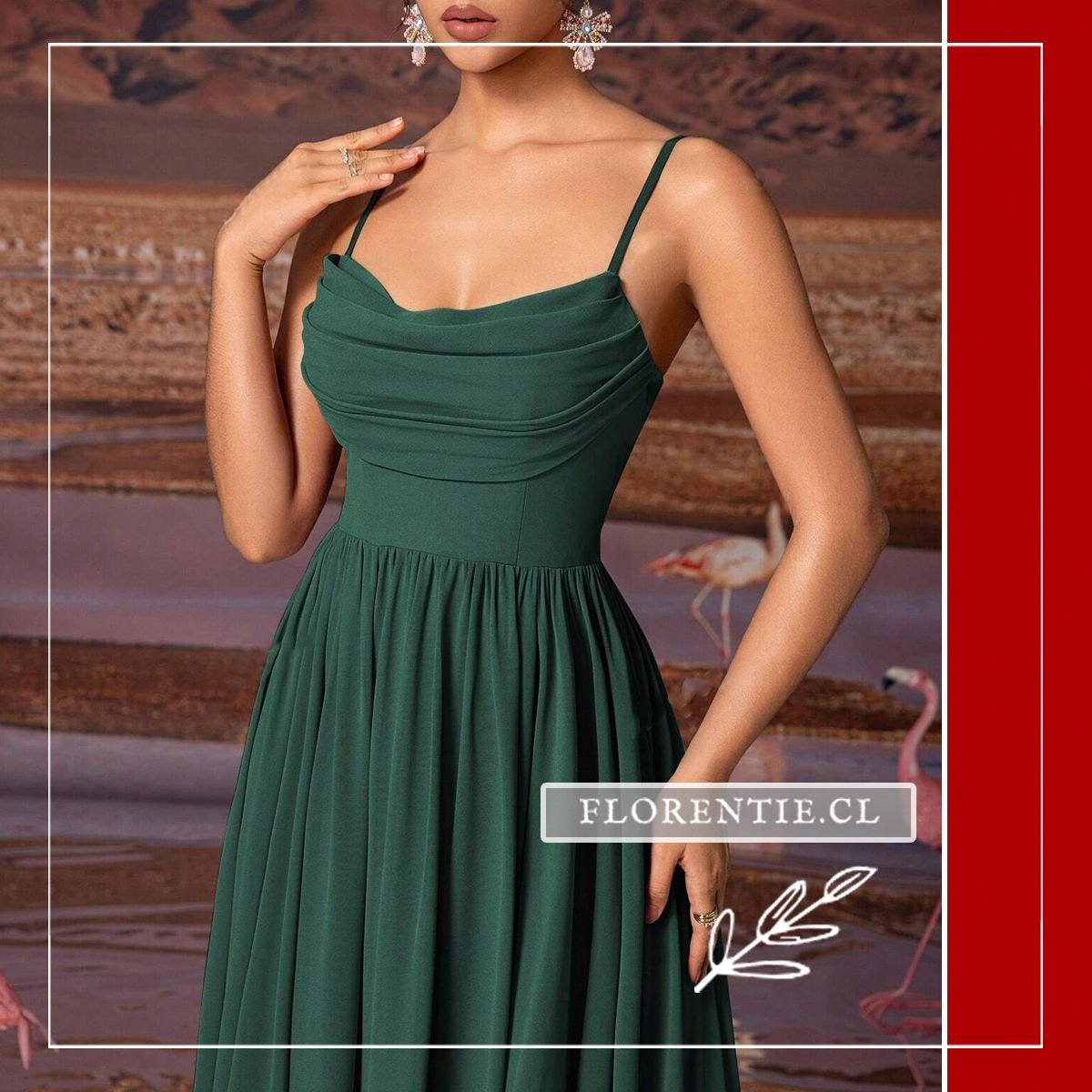 Detalle plisado vestido verde oscuro largo