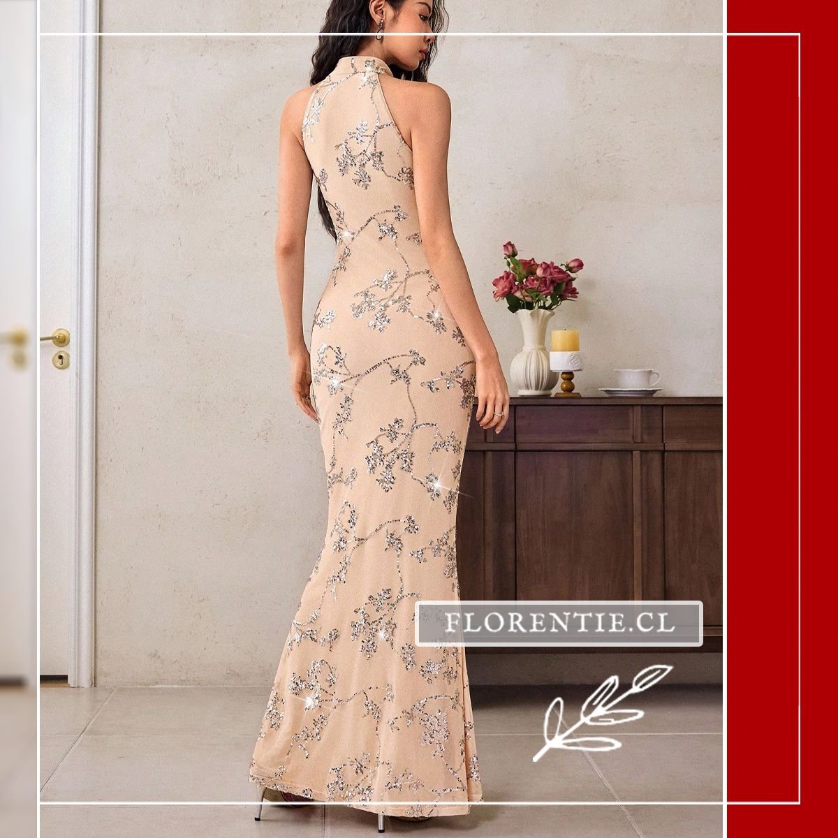 Espalda vestido fiesta cuello mao
