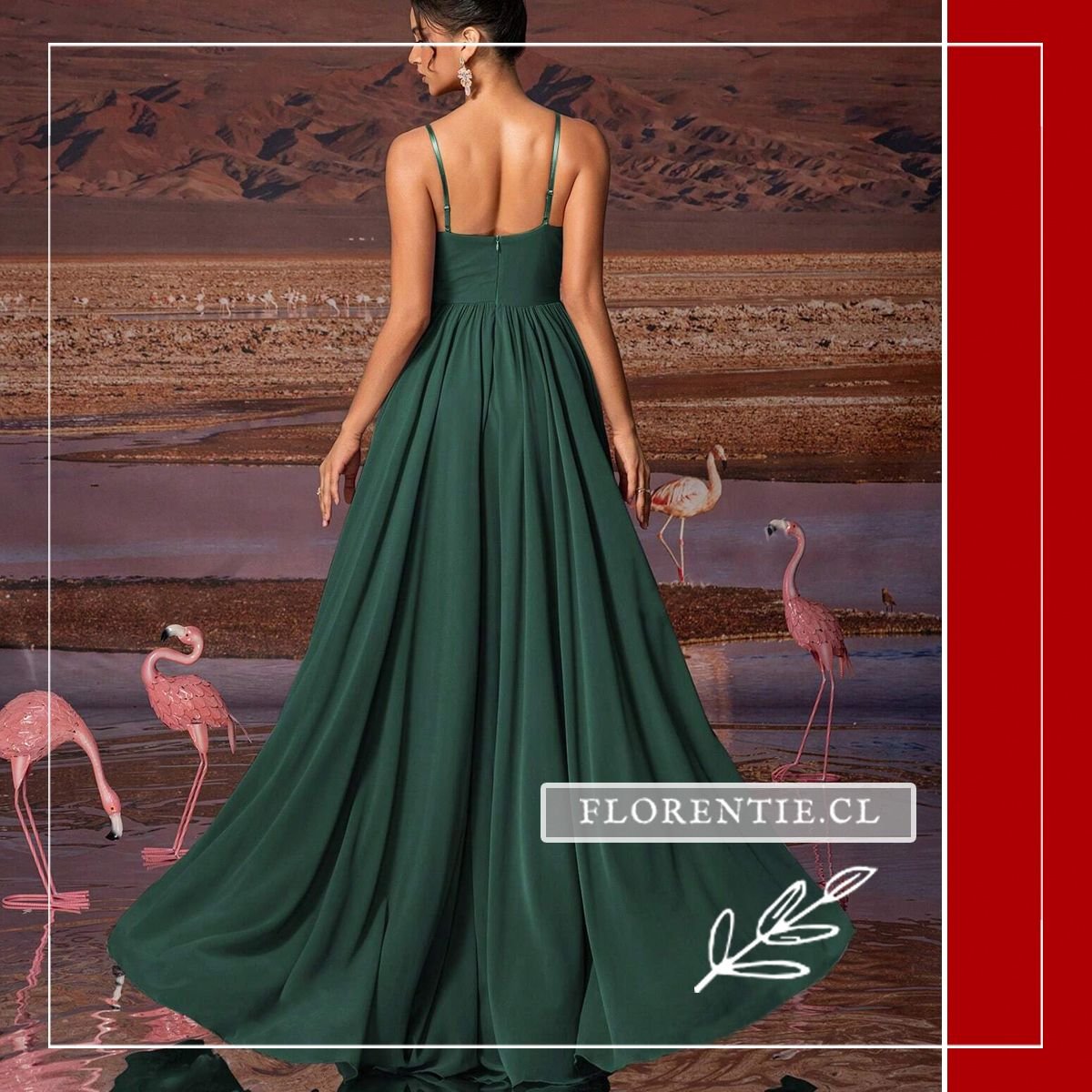 Espalda vestido verde oscuro largo