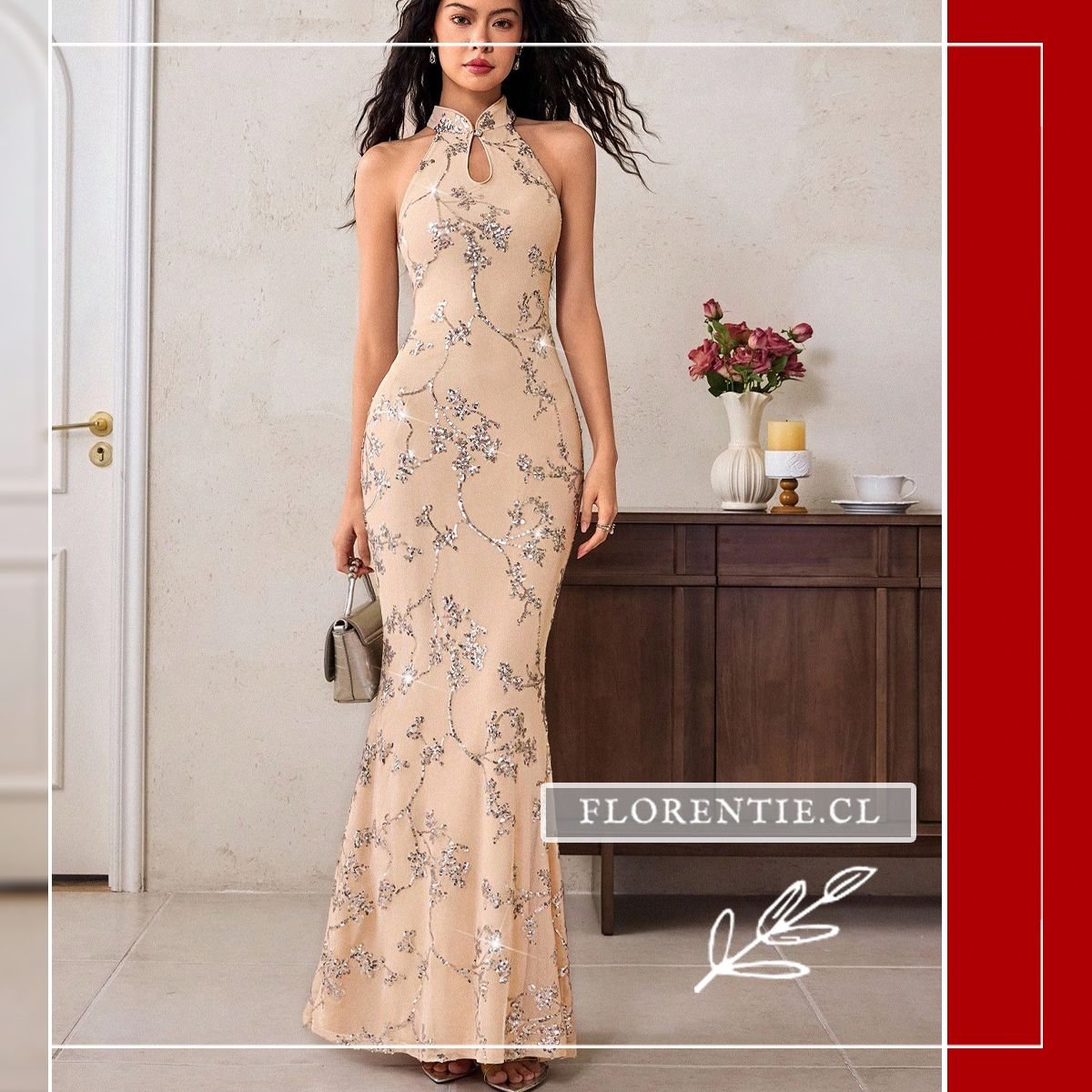 Vestido fiesta cuello mao largo