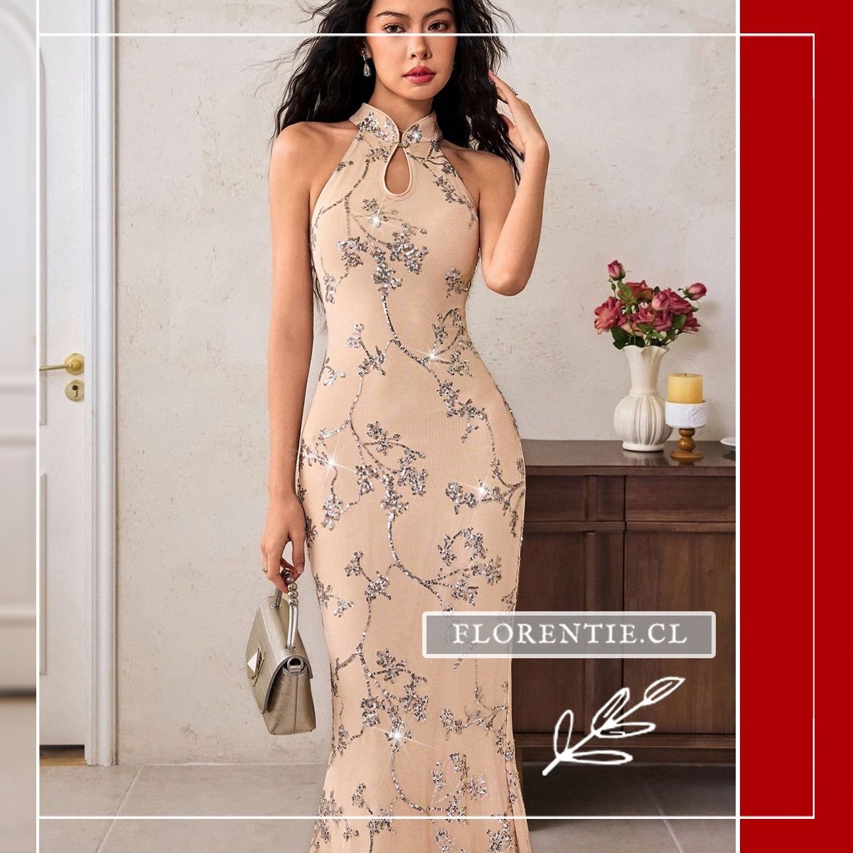 Vestido fiesta largo cuello mao