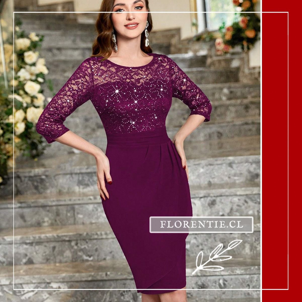 Vestido fiesta manga francesa midi mujer