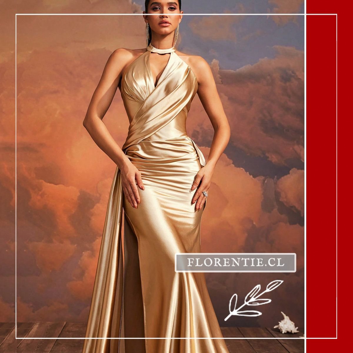 Close-up del escote halter cruzado en V profunda con cutout y el complejo drapeado diagonal que define la cintura del vestido satinado dorado, capturando el brillo reflectante del tejido.