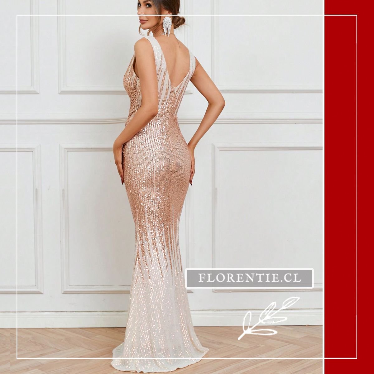 Vista posterior del vestido sirena de lentejuelas en degradado champagne a blanco plata, mostrando la espalda descubierta con tirantes anchos y la caída de la falda hacia el bajo con suave apertura.