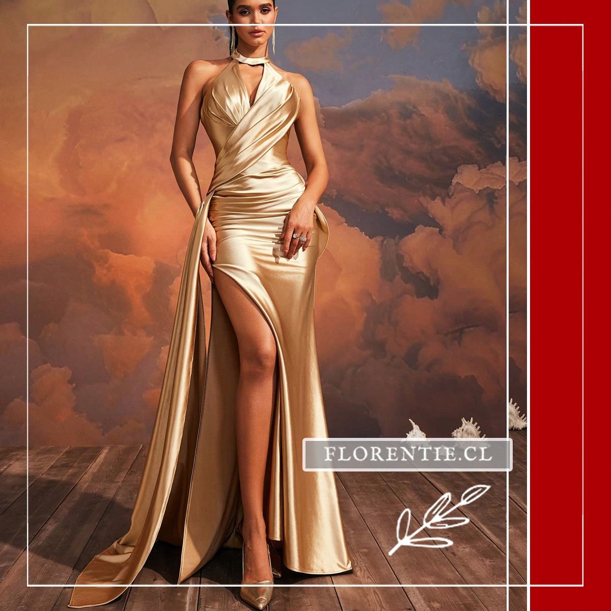 Vista frontal del vestido dorado satinado largo con escote halter cruzado en V profunda, drapeado reductor diagonal en cintura, abertura lateral pronunciada y cola sash, combinado con stilettos dorados.