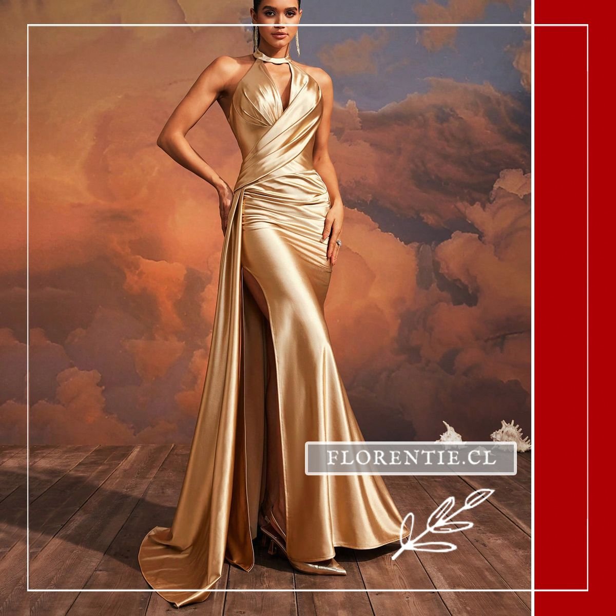 Vista frontal del vestido satinado dorado con drapeado cruzado en cintura, silueta completamente entallada y cola lateral caída, destacando el efecto de oro líquido del tejido.