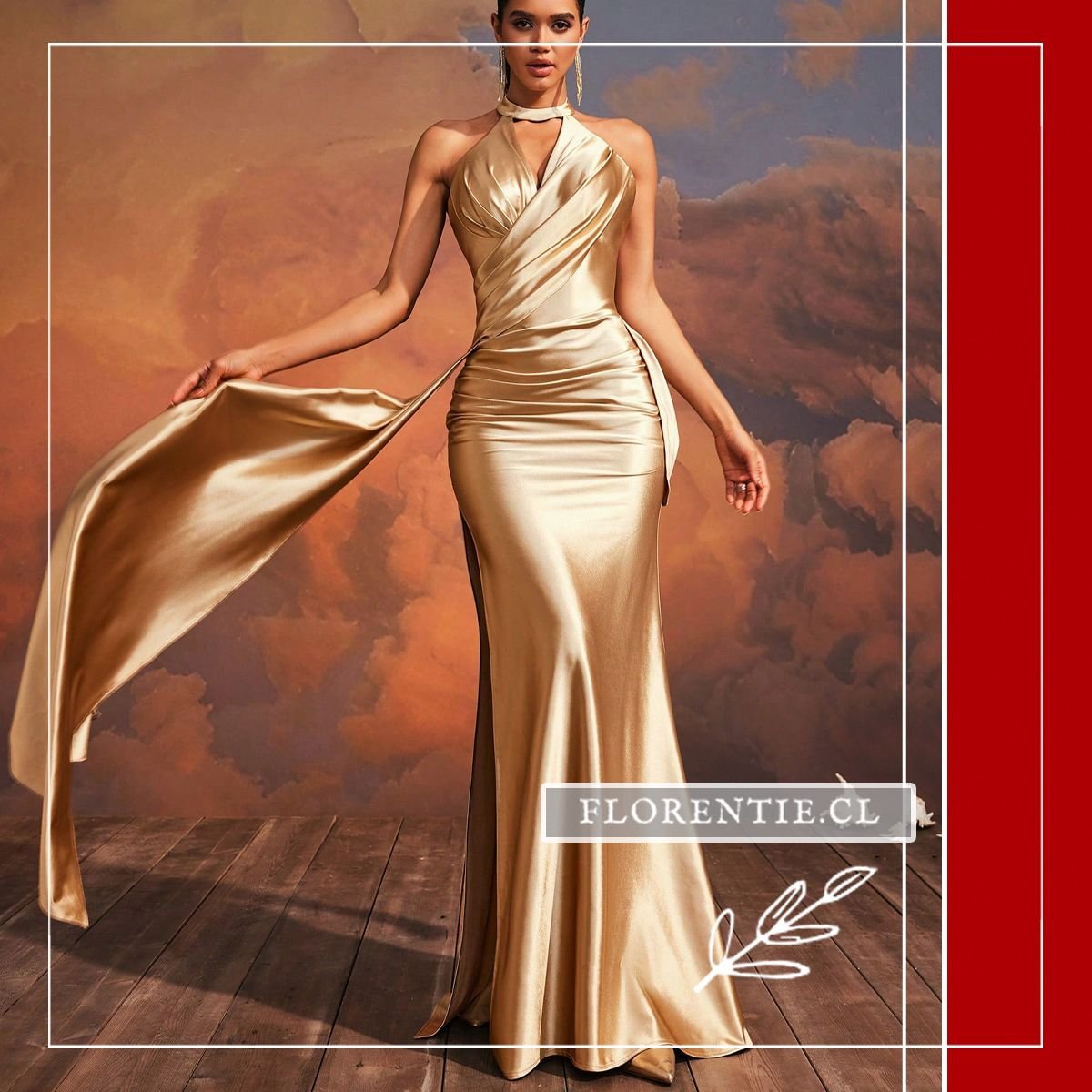 Vista frontal completa del vestido dorado de satén largo con escote halter en V, drapeado estructurado en cintura, alta abertura lateral y cola sash desplegada, look de alfombra roja.