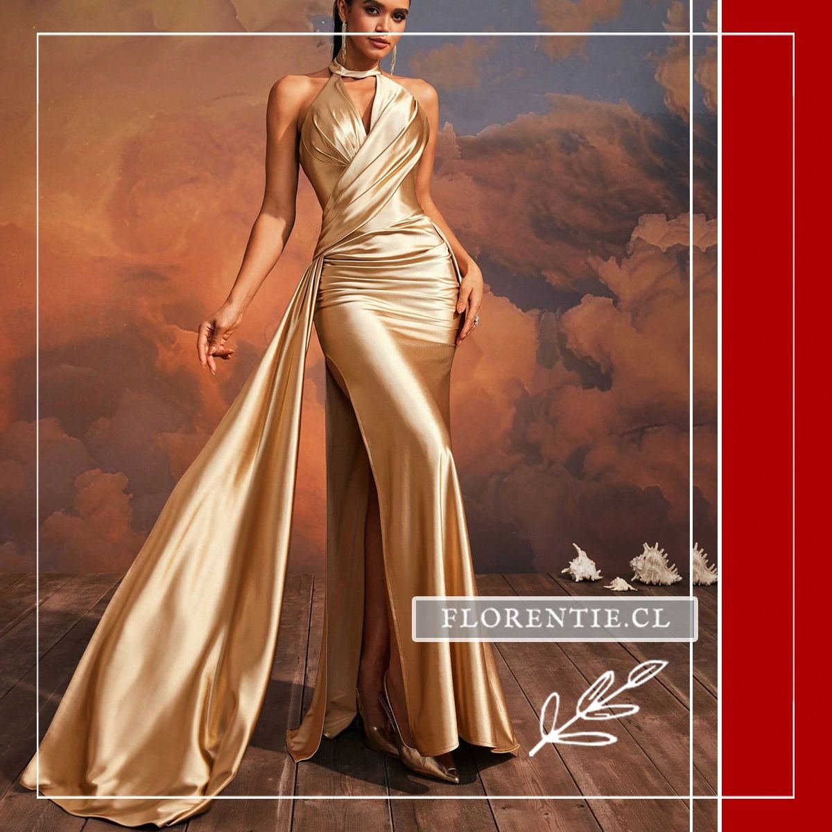 Vista frontal completa del vestido satinado oro líquido con drapeado cruzado en abdomen, silueta ceñida y majestuosa cola lateral con caída fluida, ante fondo de nubes dramáticas.