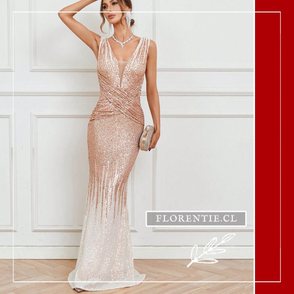 Vista frontal del vestido largo de lentejuelas con degradado dorado champagne a blanco plata, corte sirena, escote en V profunda con malla ilusión y drapeado cruzado en cintura, combinado con clutch dorado y joyas plateadas.