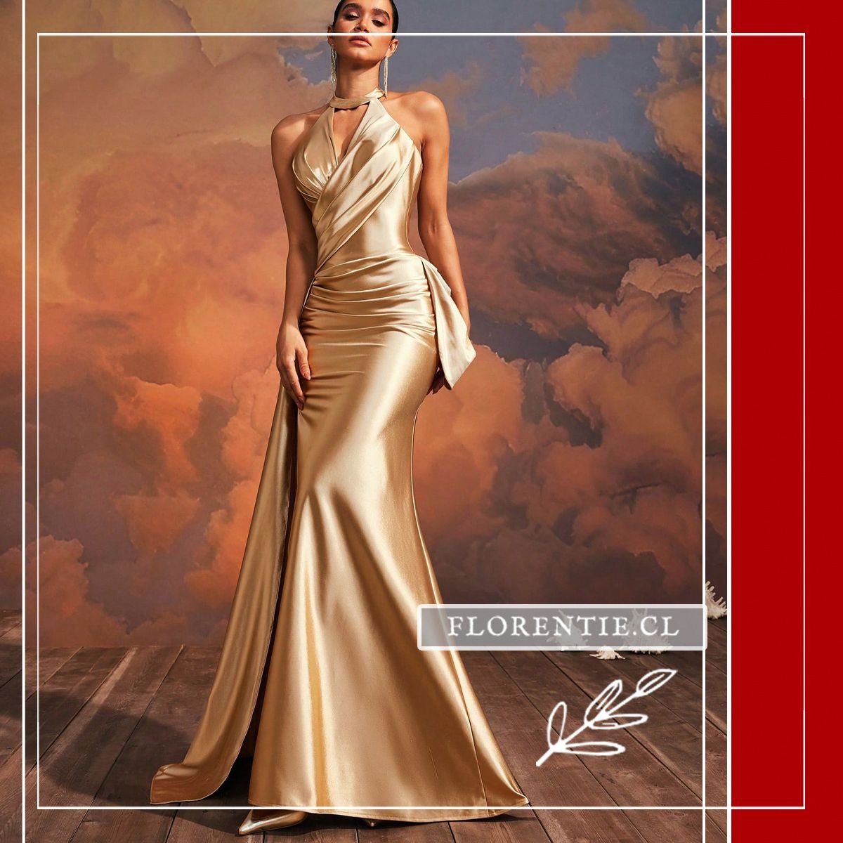 Modelo en pose dinámica sosteniendo la cola sash del vestido satinado dorado en movimiento, resaltando el brillo metálico del tejido y el escote halter cruzado con cutout.