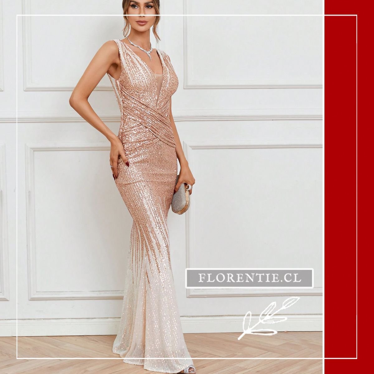 Vista lateral del vestido sirena de lentejuelas en degradado dorado champagne a blanco, mostrando el efecto estilizador del drapeado cruzado en cintura y la silueta entallada de cuerpo completo.