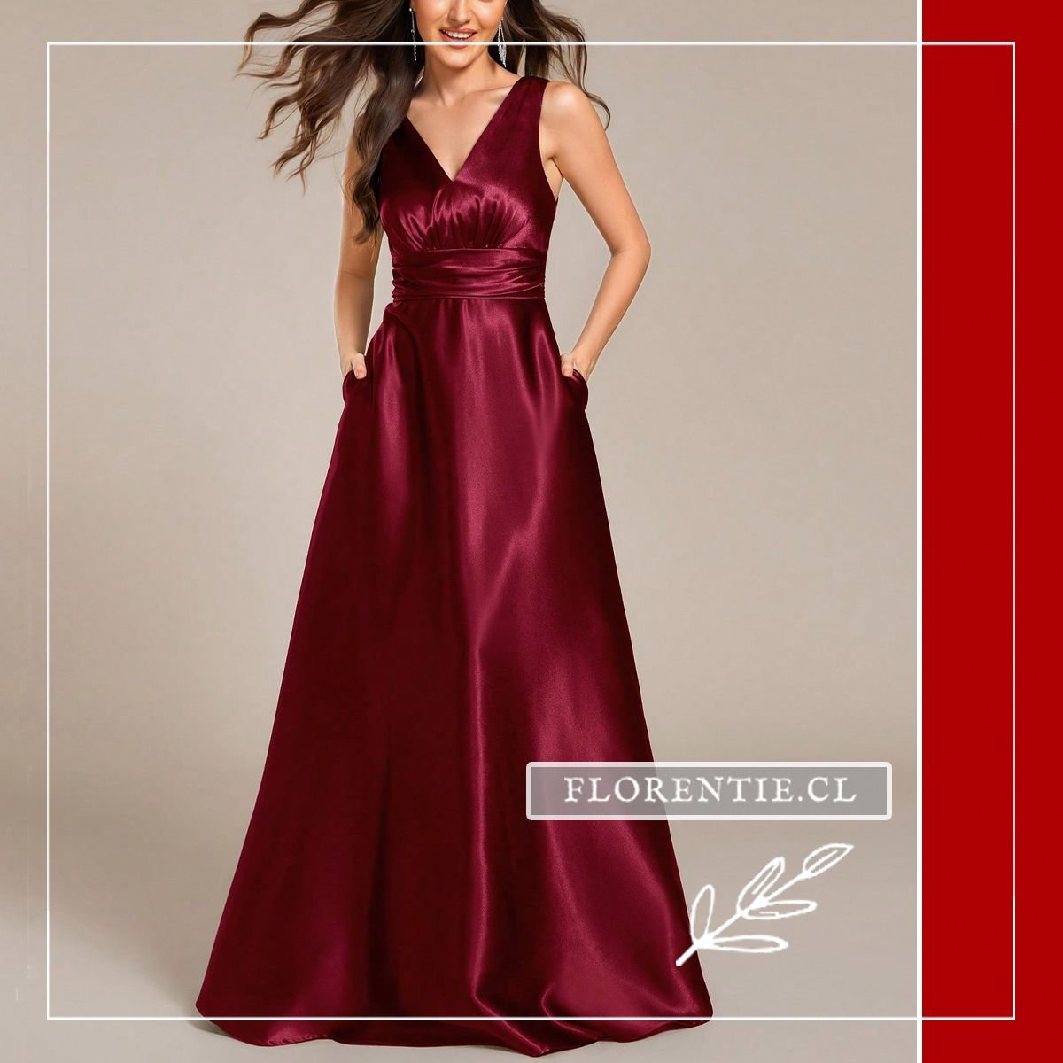 Vestido color vino en movimiento mostrando la amplitud y el brillo de la falda corte A.